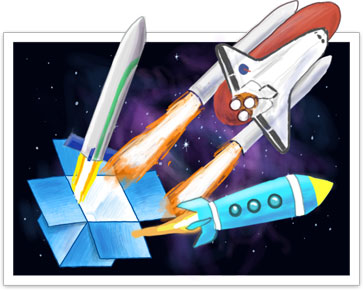 Shuttle blasting off into space from a Dropbox launchpad